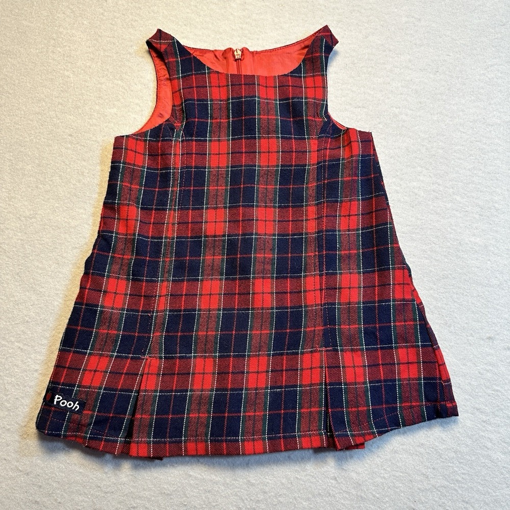 Vintage‎ Disney Store Winnie the Pooh Plaid Tartan Jumper Dress Red Girls 2T
